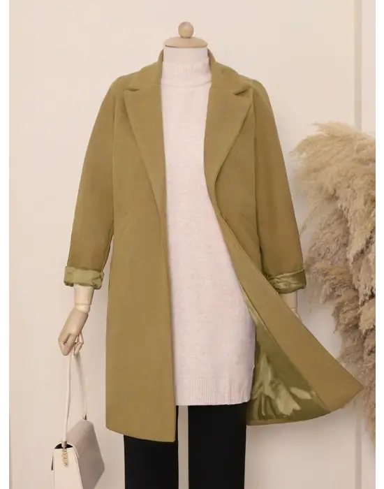 Tek Düğmeli Astarlı Kışlık Kaşe Kaban -Hardal