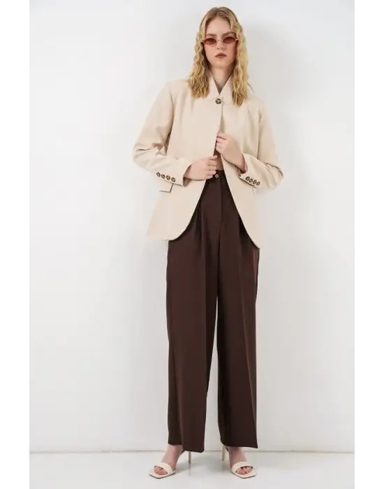 Tek Düğmeli Oversize Blazer Ceket 0749 - Bej