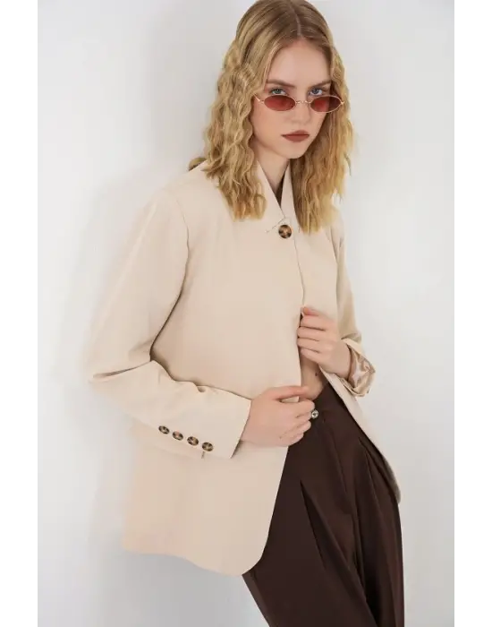 Tek Düğmeli Oversize Blazer Ceket 0749 - Bej