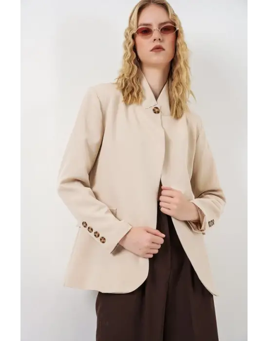 Tek Düğmeli Oversize Blazer Ceket 0749 - Bej