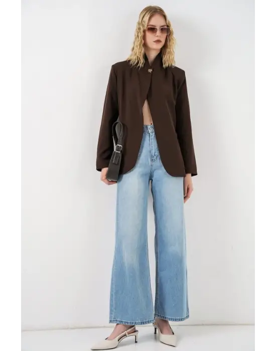 Tek Düğmeli Oversize Blazer Ceket 0749 - Kahverengi