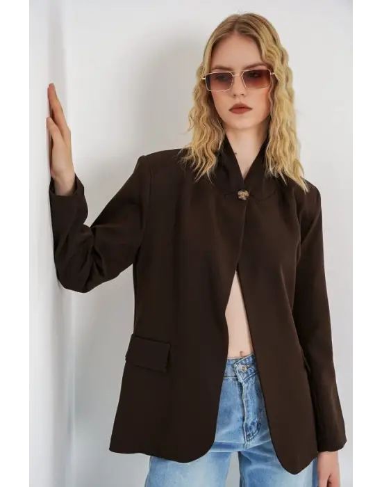 Tek Düğmeli Oversize Blazer Ceket 0749 - Kahverengi