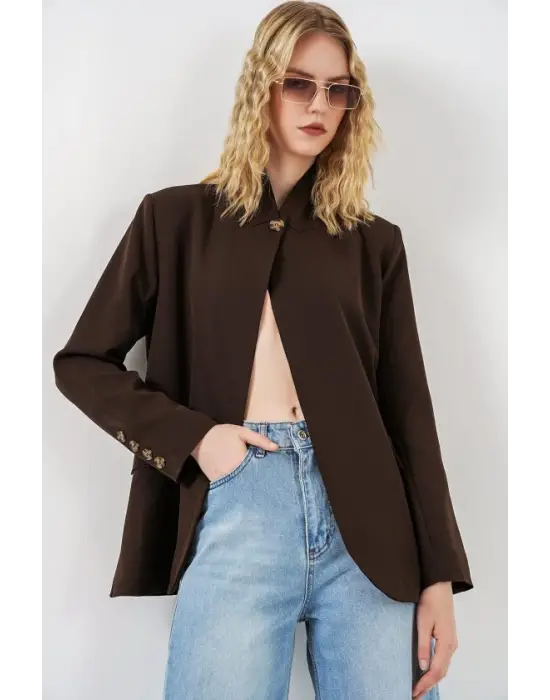 Tek Düğmeli Oversize Blazer Ceket 0749 - Kahverengi