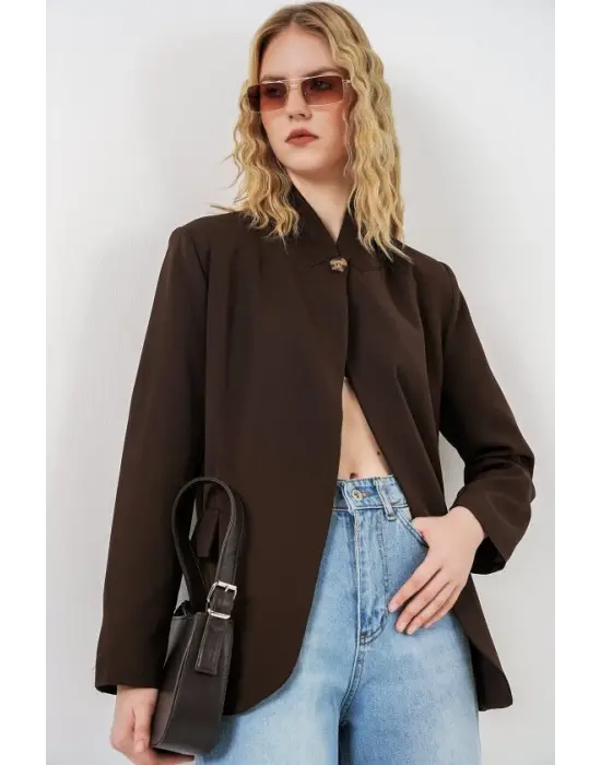 Tek Düğmeli Oversize Blazer Ceket 0749 - Kahverengi