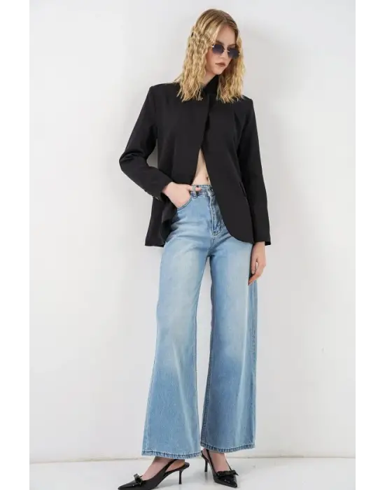 Tek Düğmeli Oversize Blazer Ceket 0749 - Siyah
