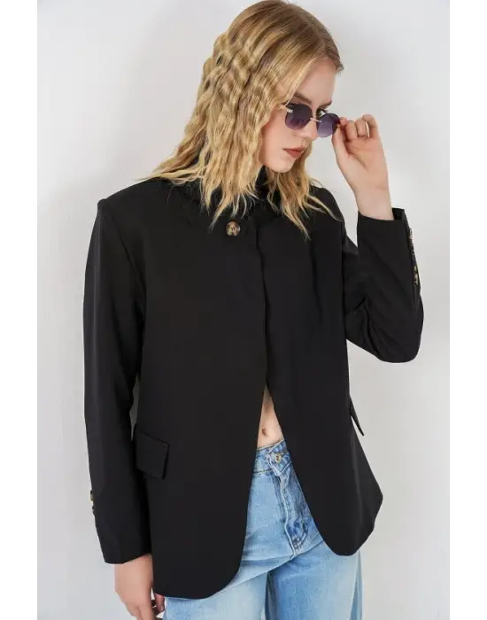 Tek Düğmeli Oversize Blazer Ceket 0749 - Siyah