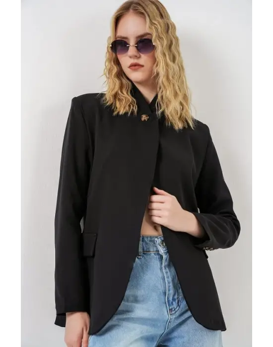Tek Düğmeli Oversize Blazer Ceket 0749 - Siyah