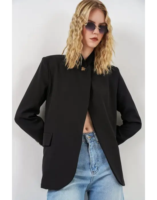 Tek Düğmeli Oversize Blazer Ceket 0749 - Siyah