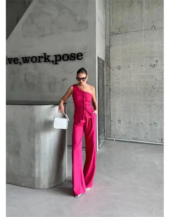 TEK KOL YELEK - PANTOLON TAKIM ATLAS - Fuşya