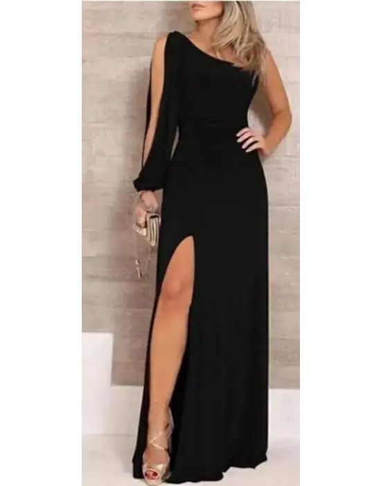 Tek Omuz Açık Derin Yırtmaçlı Krep Tam Boy Elbise