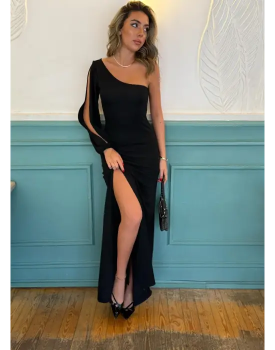 Tek Omuz Açık Derin Yırtmaçlı Krep Tam Boy Elbise