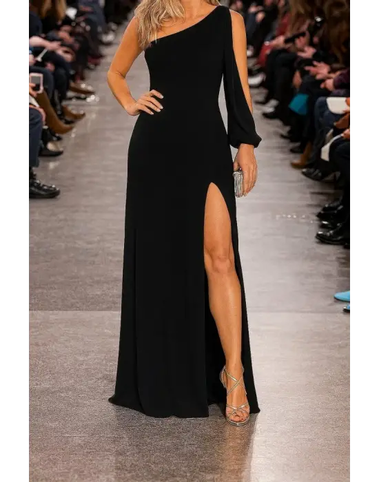 Tek Omuz Açık Derin Yırtmaçlı Krep Tam Boy Elbise