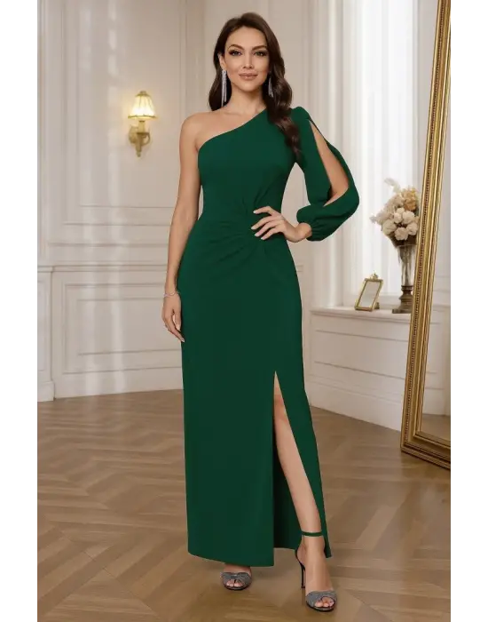 Tek Omuz Açık Derin Yırtmaçlı Krep Tam Boy Elbise