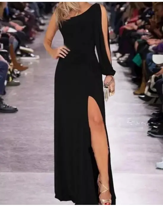 Tek Omuz Açık Derin Yırtmaçlı Krep Tam Boy Elbise