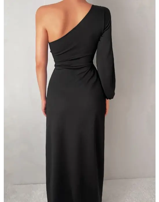 Tek Omuz Açık Derin Yırtmaçlı Krep Tam Boy Elbise