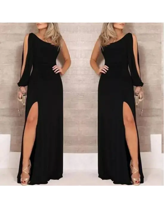 Tek Omuz Açık Derin Yırtmaçlı Krep Tam Boy Elbise