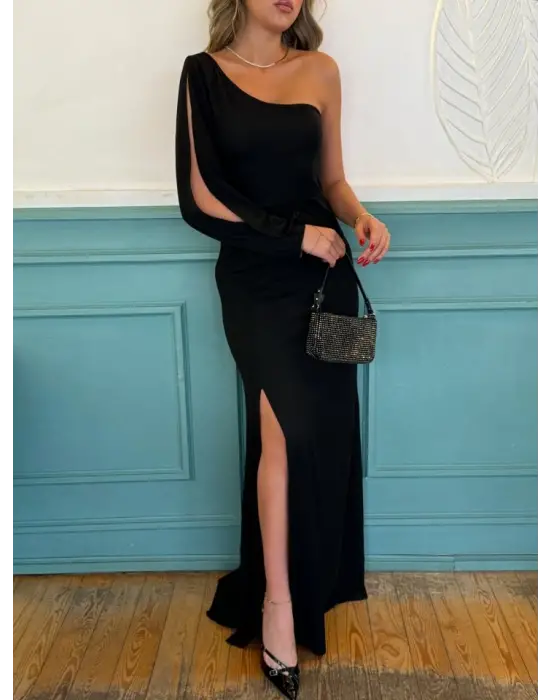 Tek Omuz Açık Derin Yırtmaçlı Krep Tam Boy Elbise