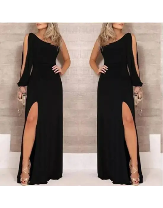 Tek Omuz Açık Derin Yırtmaçlı Krep Tam Boy Elbise