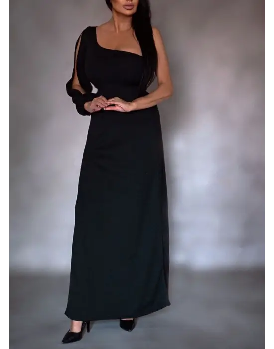 Tek Omuz Açık Derin Yırtmaçlı Krep Tam Boy Elbise