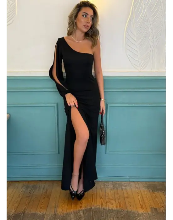 Tek Omuz Açık Derin Yırtmaçlı Krep Tam Boy Elbise