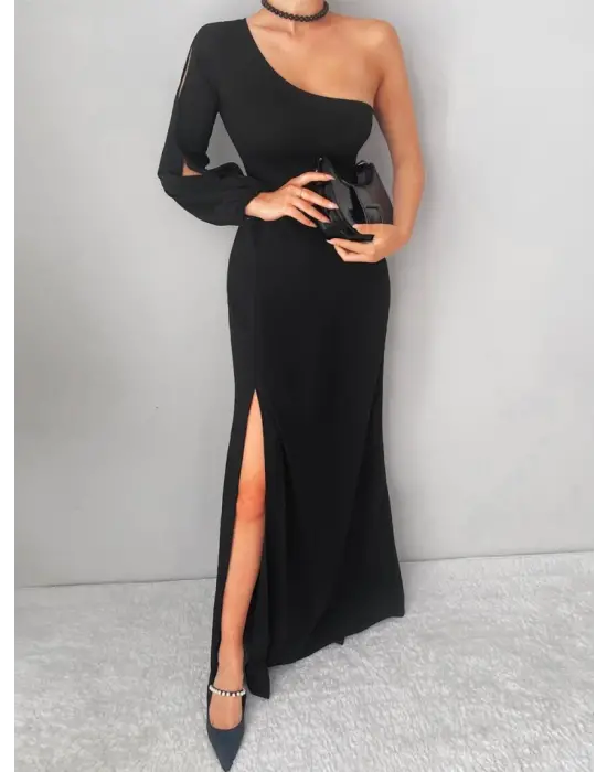 Tek Omuz Açık Derin Yırtmaçlı Krep Tam Boy Elbise