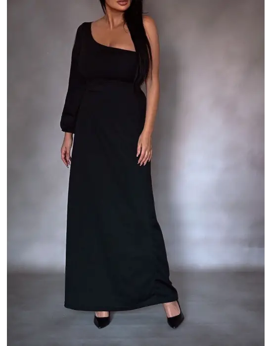 Tek Omuz Açık Derin Yırtmaçlı Krep Tam Boy Elbise