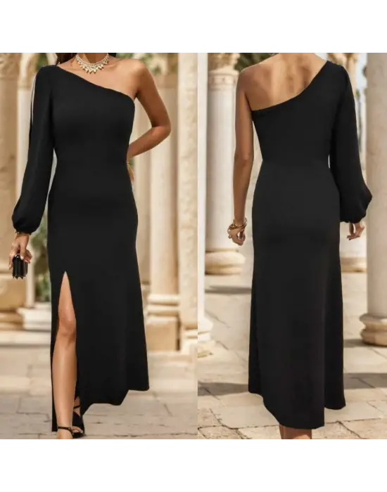 Tek Omuz Açık Derin Yırtmaçlı Krep Tam Boy Elbise