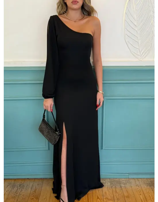 Tek Omuz Açık Derin Yırtmaçlı Krep Tam Boy Elbise