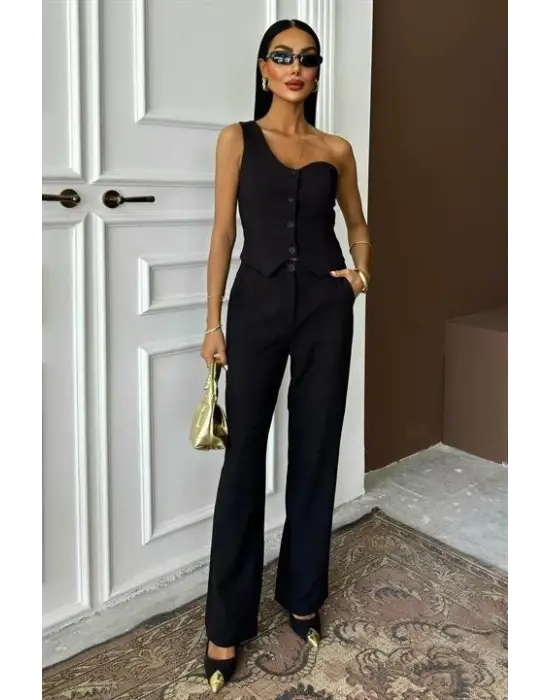 Omarı Tek Omuz Büstiyer Plazzo Pantolon Takım