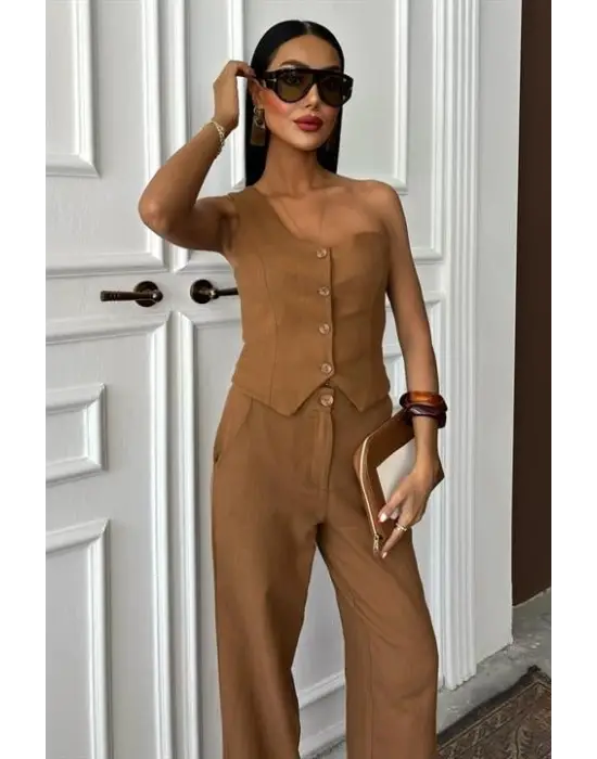 Tek Omuz Büstiyer Plazzo Pantolon Viscon Takım 10159