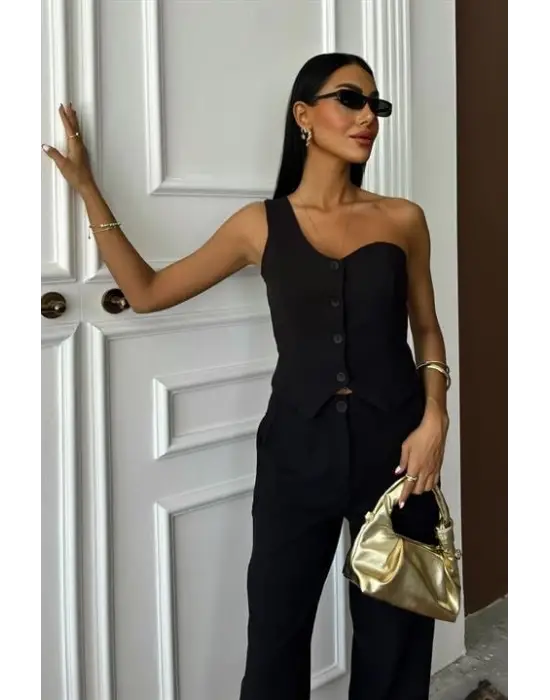 Tek Omuz Büstiyer Plazzo Pantolon Viscon Takım 10159