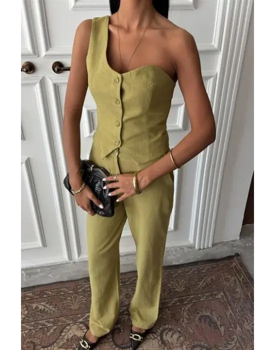 Omarı Tek Omuz Plazzo Pantolon Takım