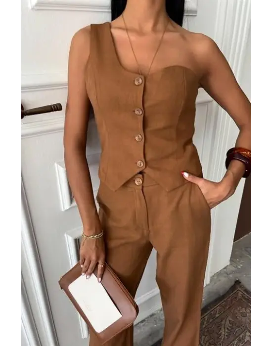 Tek Omuz Büstiyer Plazzo Pantolon Viscon Takım 10159