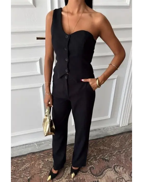 Omarı Tek Omuz Büstiyer Plazzo Pantolon Takım