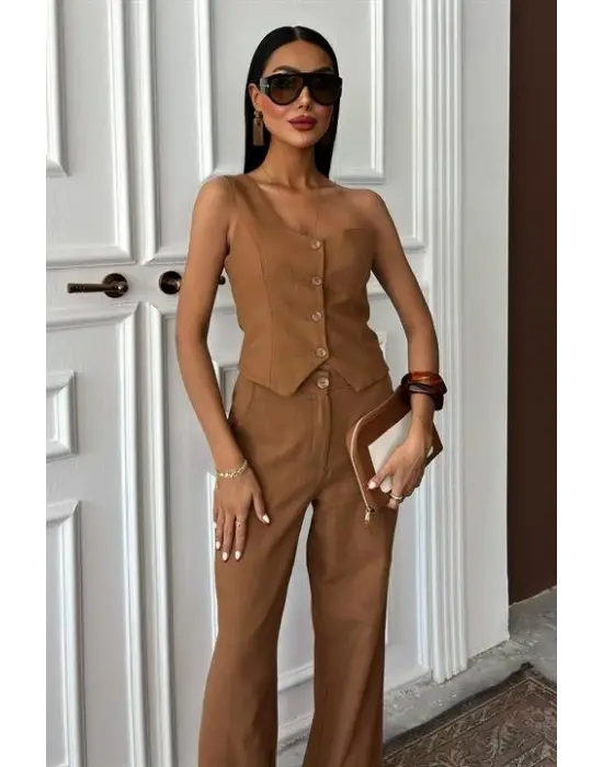 Tek Omuz Büstiyer Plazzo Pantolon Viscon Takım 10159