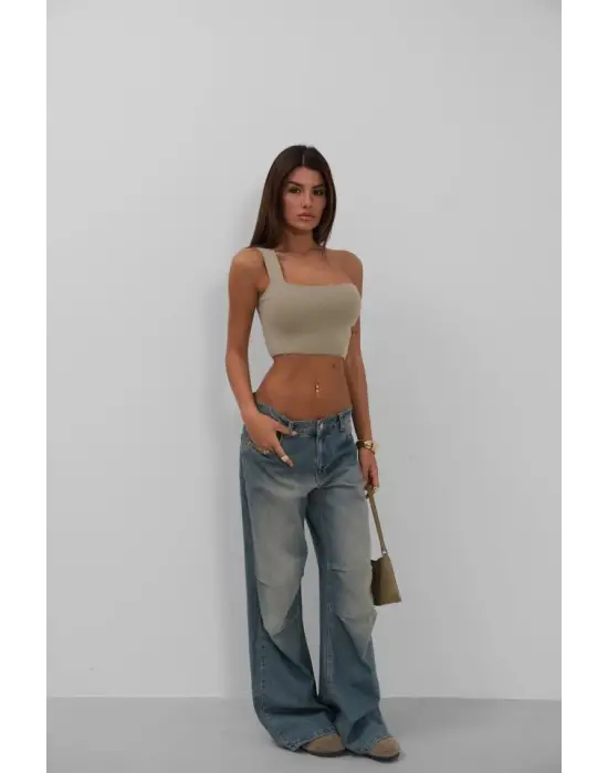 Omarı Omuz Kırmalı Crop Bluz