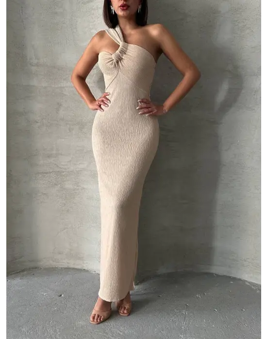 Omarı Şık Tek Omuz Pliseli Elbise