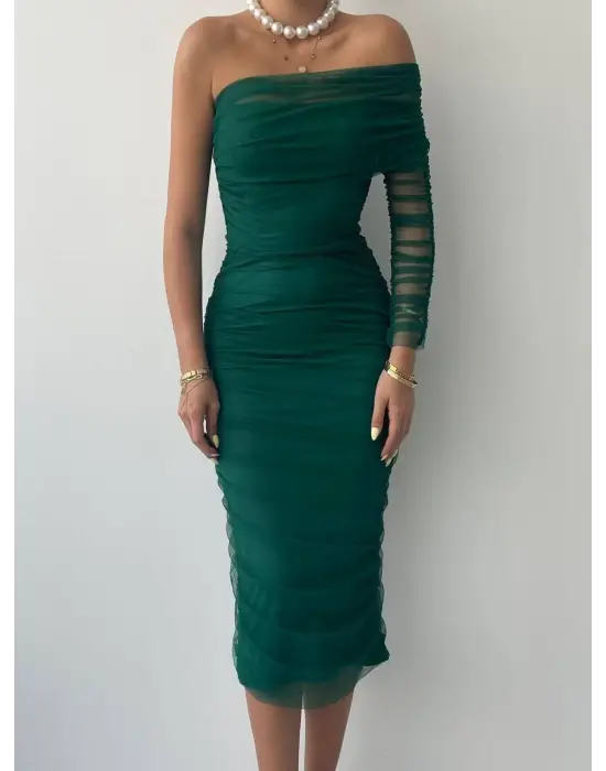 Omarı Zarif Tek Omuz Tül Elbise