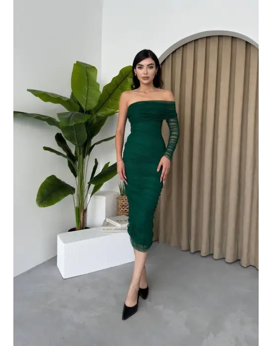 Omarı Zarif Tek Omuz Tül Elbise