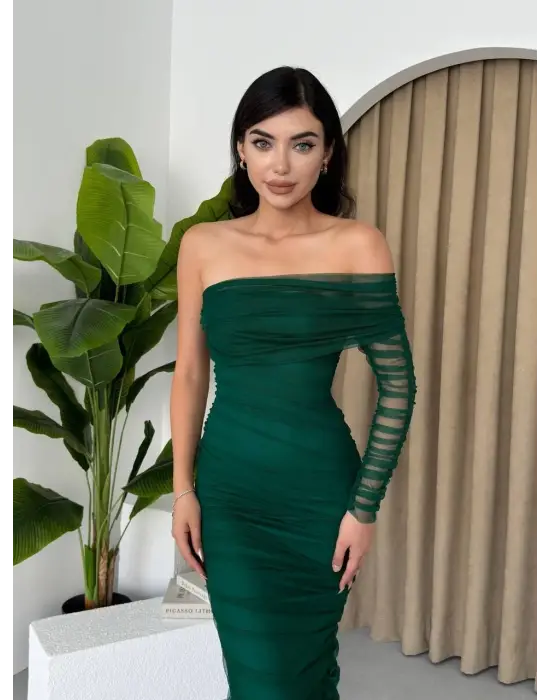 Omarı Zarif Tek Omuz Tül Elbise