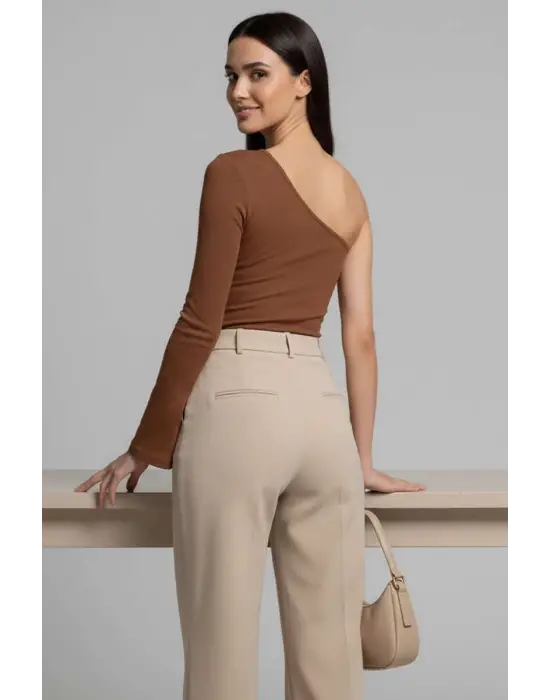 Tek Omuzlu Basic Bluz kahve T4275