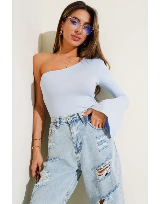 Tek Omuzlu Basic Bluz Mavi T4275