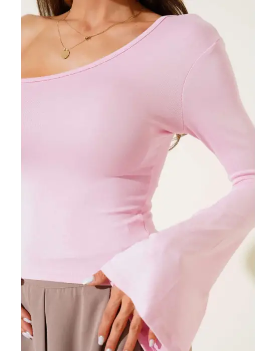 Tek Omuzlu Basic Bluz Pembe T4275