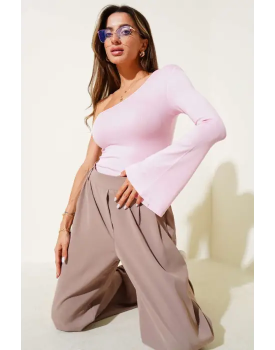 Tek Omuzlu Basic Bluz Pembe T4275