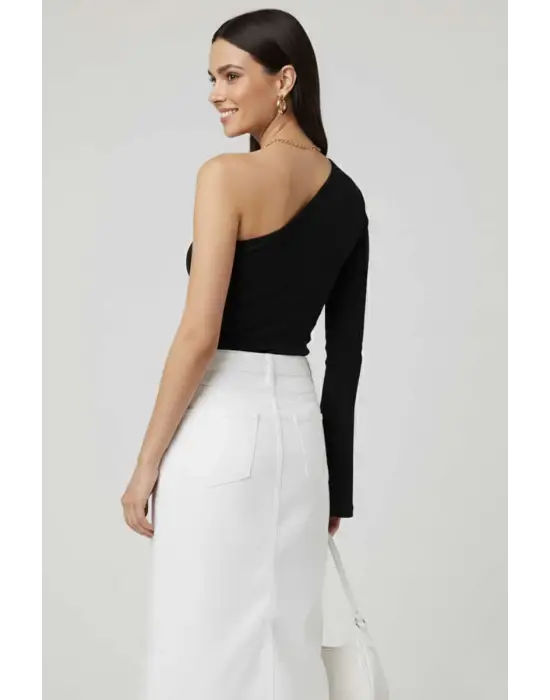 Tek Omuzlu Basic Bluz Siyah T4275