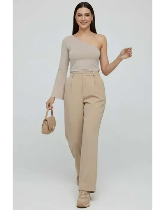 Tek Omuzlu Basic Bluz Vizon T4275