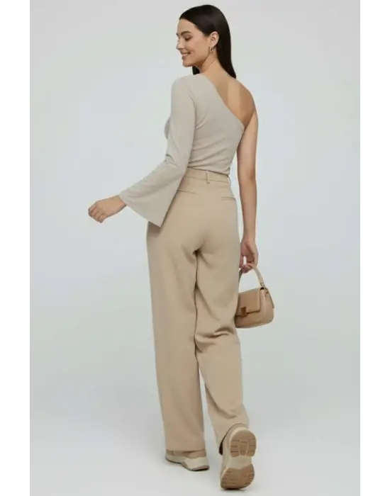 Tek Omuzlu Basic Bluz Vizon T4275