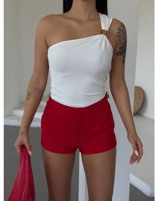 Omarı Tek Omuzlu Altın Metal Detaylı Bluz