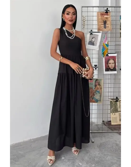 Omarı Zarif Tek Omuzlu Maxi Elbise