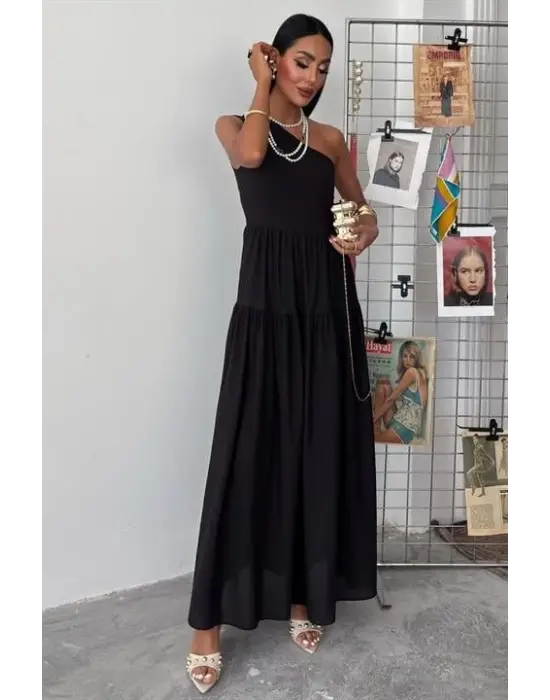 Omarı Zarif Tek Omuzlu Maxi Elbise